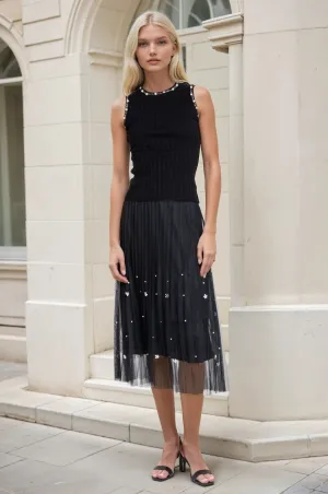 Black Pearl Pleated Skirt beaded embellishment Roll Up Fasten
