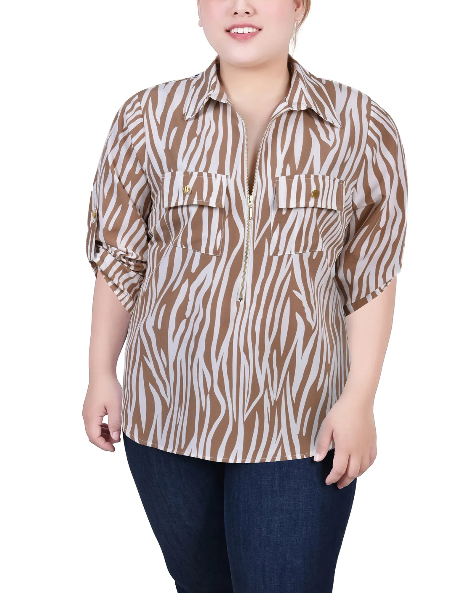 Plus Size 3/4 Roll Tab Sleeve Zip Front Top Roll Up Sleeve System