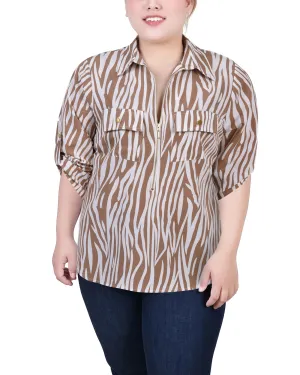 Plus Size 3/4 Roll Tab Sleeve Zip Front Top Roll Up Sleeve System