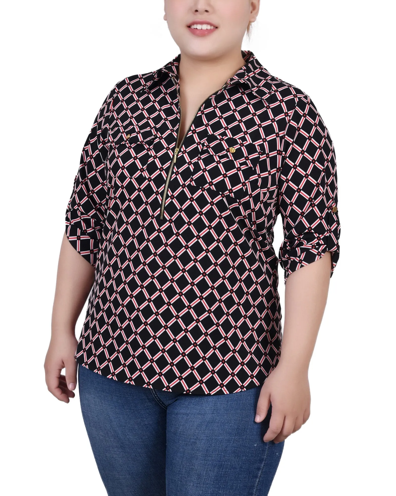 Multi Directional Zipper Placement Plus Size 3/4 Roll Tab Sleeve Zip Front Top
