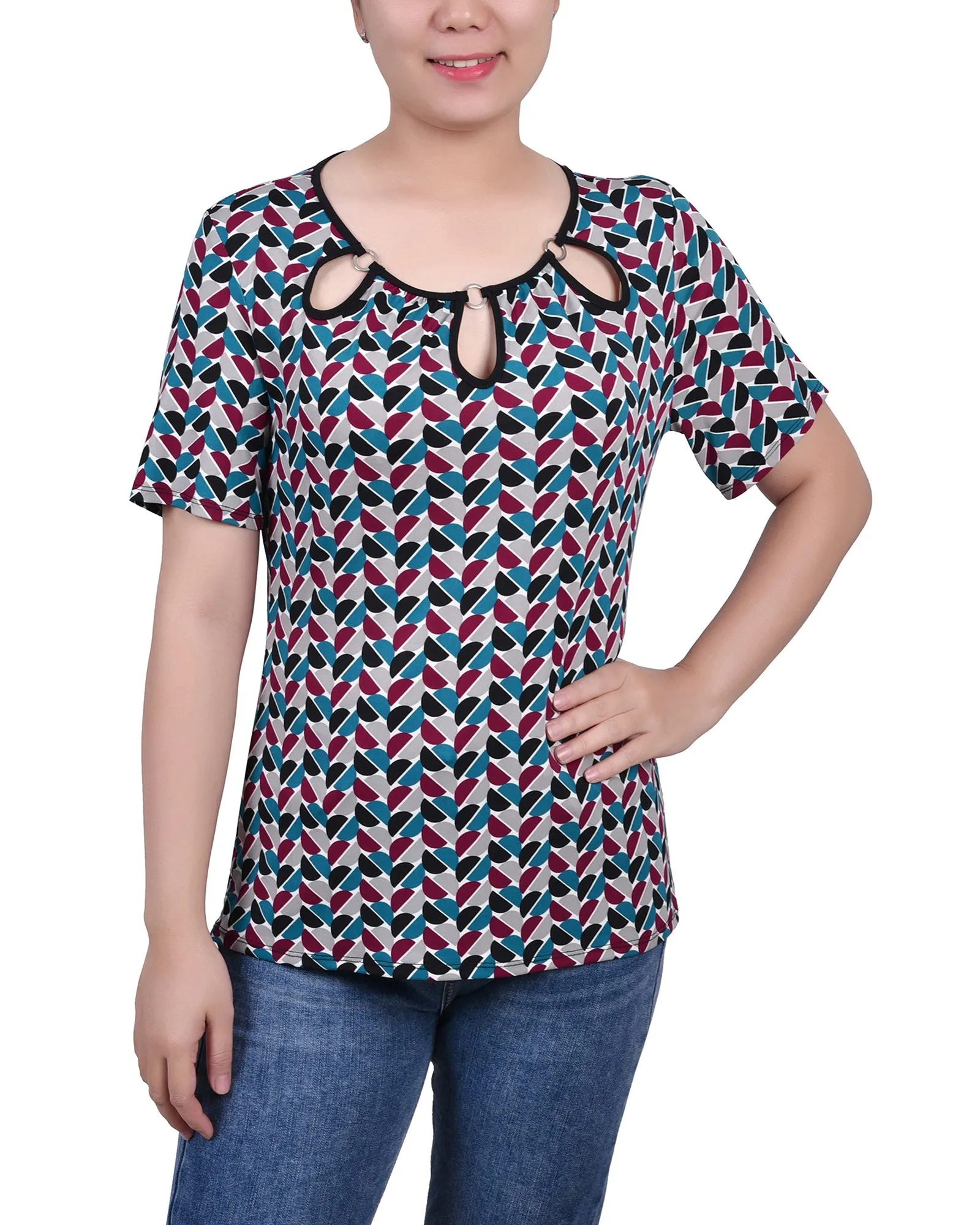 StaticResistantFabric Short Sleeve Top With Ring Details