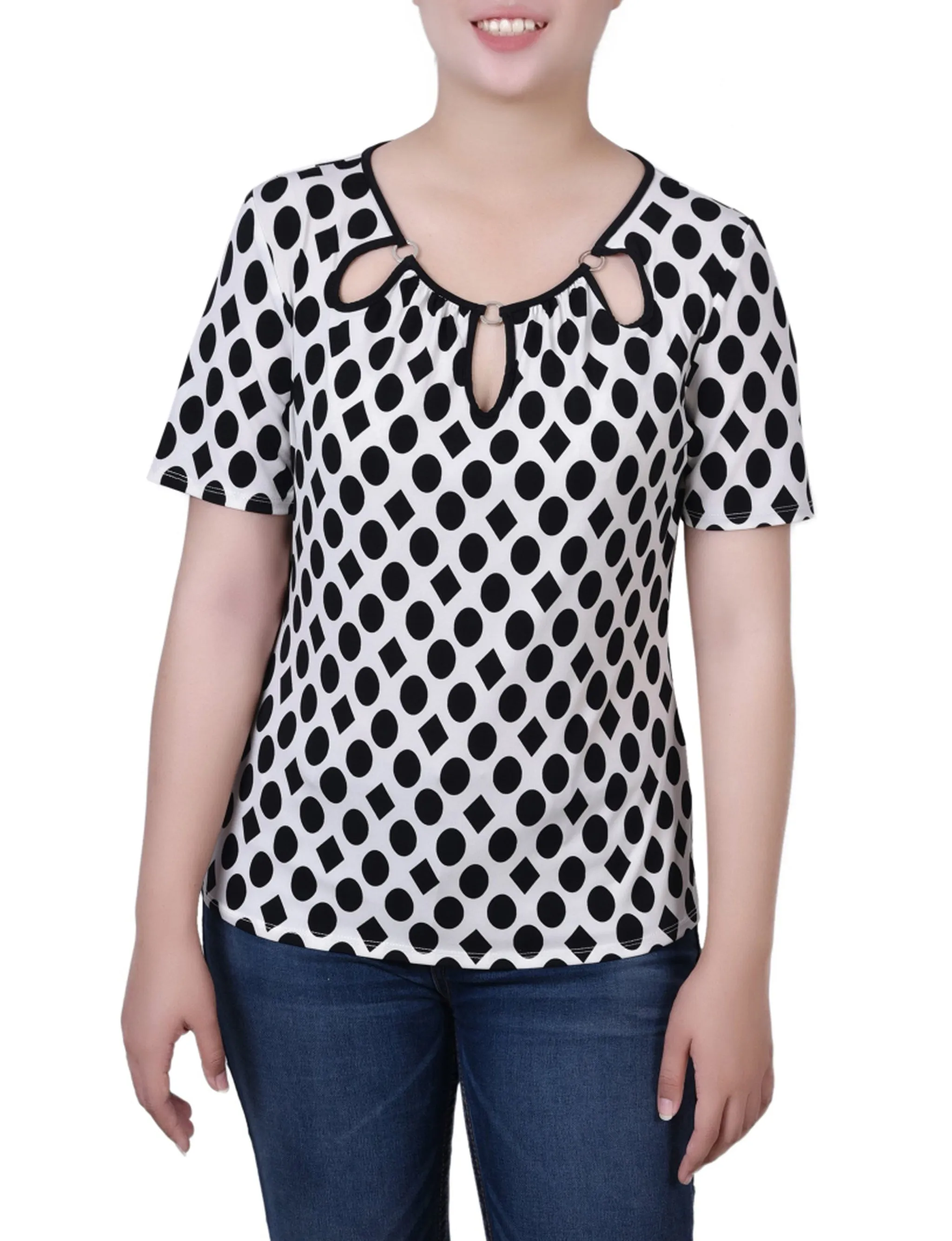 Zero Waste Cut Pattern Minimalist Silhouette Short Sleeve Top With Ring Details