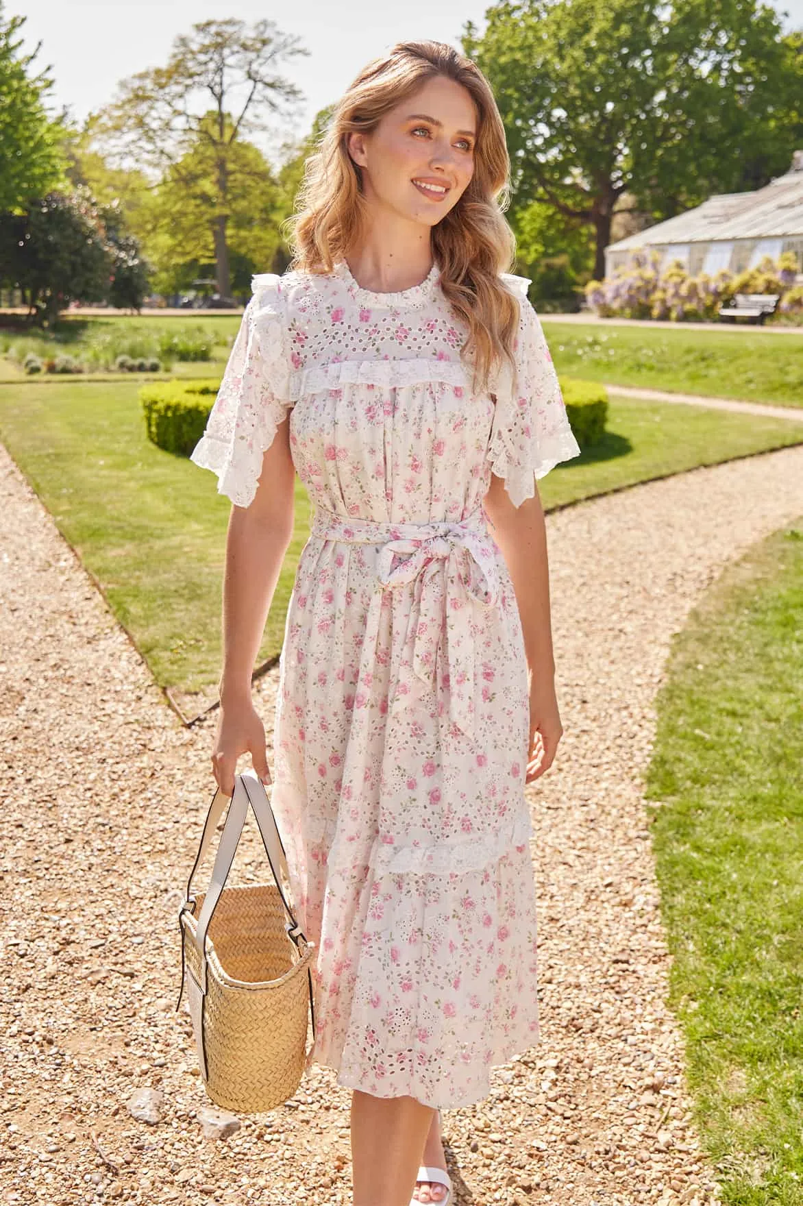 Relaxed work dress Skin Glow Rose Ditsy Cotton Broderie Midaxi Dress