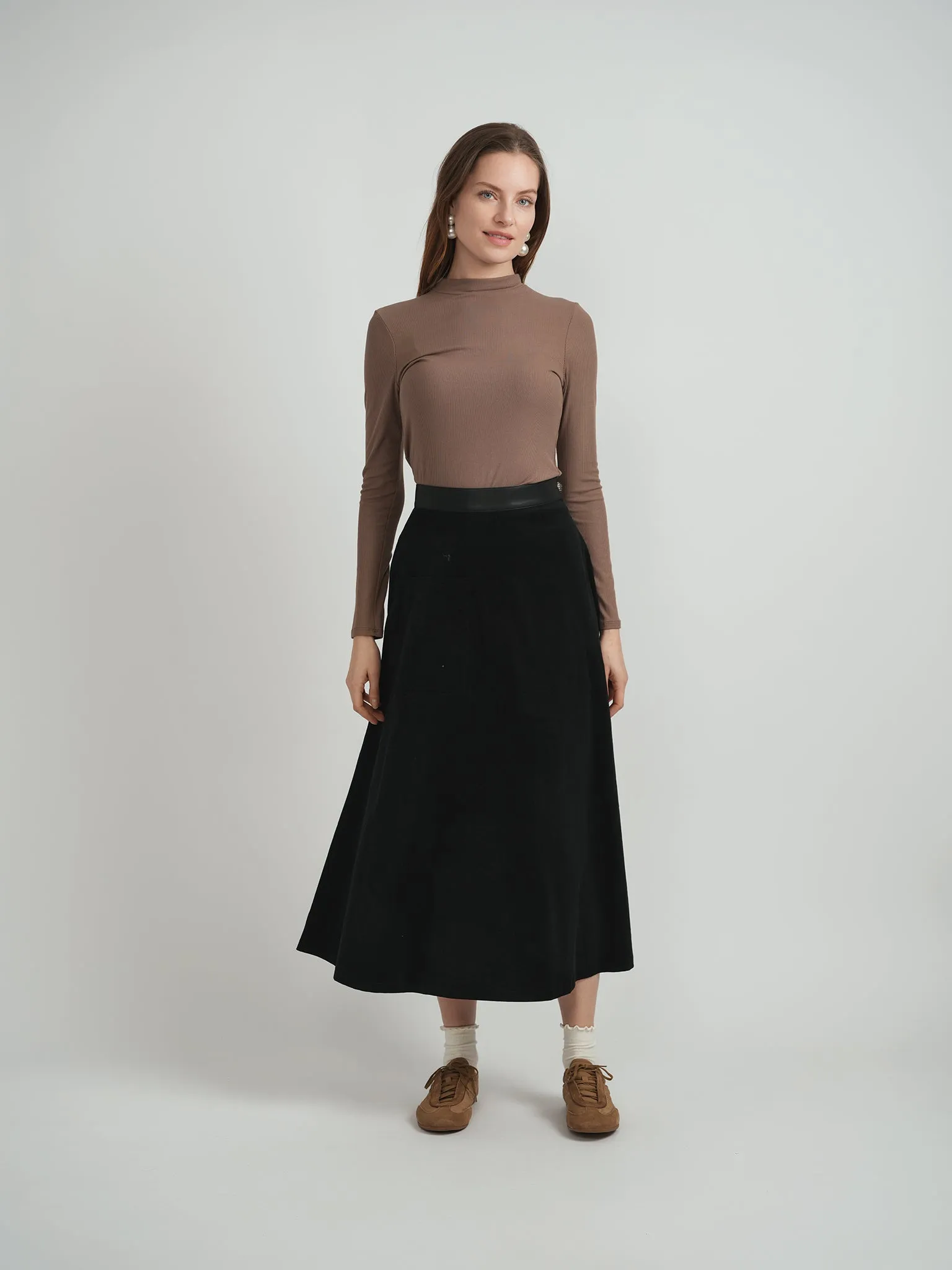 Faves Black Corduroy Midi Skirt WB5CM1674SM Fresh Texture Elegant Texture
