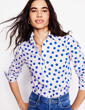 Wrinkle Resistant Sienna Cotton Shirt-Ivory, Blue Abstract Dot