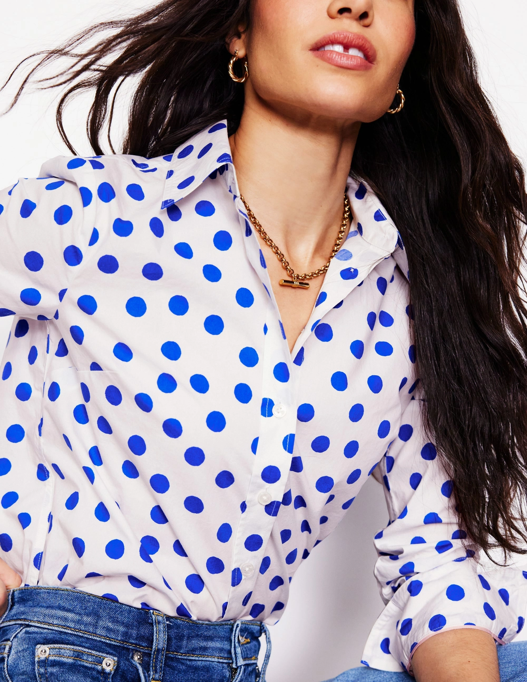 Microfiber Material FlexibleCollar Sienna Cotton Shirt-Ivory, Blue Abstract Dot