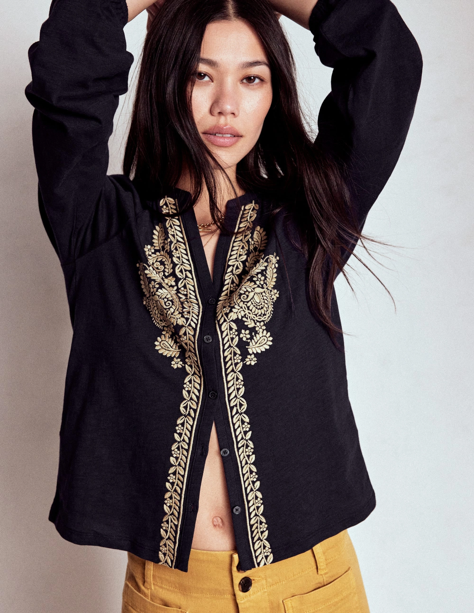 Alma Embroidered Shirt-Navy Stretch waistband Everyday Comfort Fit