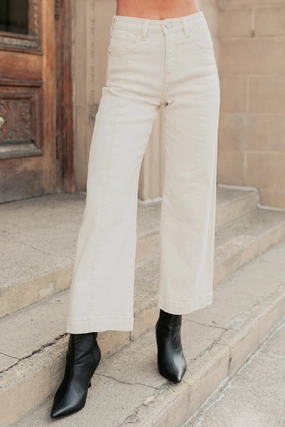 Maizie Tummy Control Wide Leg Cropped Risen Jeans (Ivory) VNeck Style