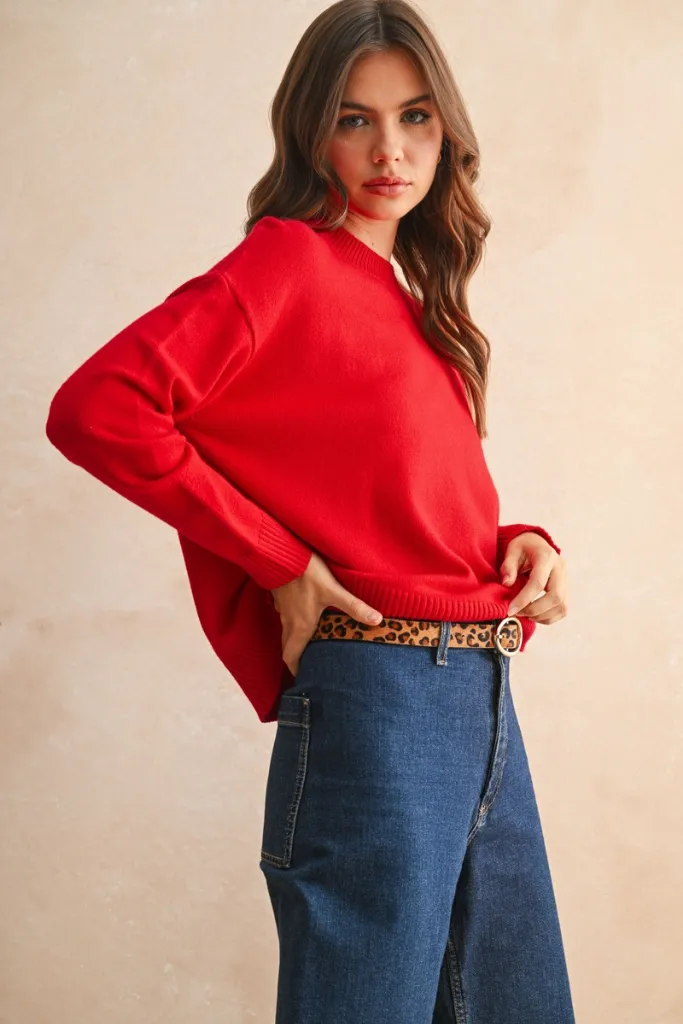 Brielle Crew Neck Sweater in Red Ribbed Hem Stylish Dress