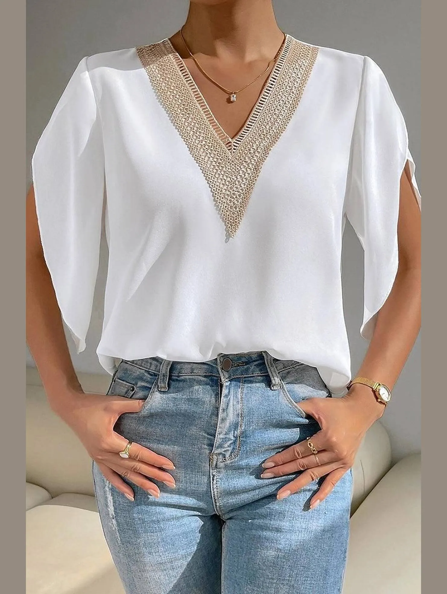 Buttery Soft Feel Moisture Wicking Technology LAYERED V NECK ANGEL SLEEVED BLOUSE TOP