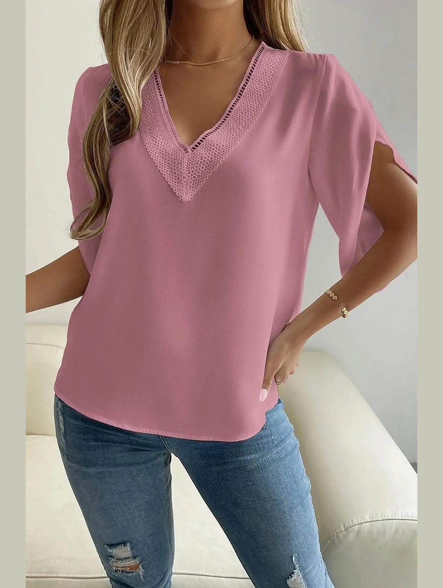 Bonded Seam Tape Elegant Look LAYERED V NECK ANGEL SLEEVED BLOUSE TOP