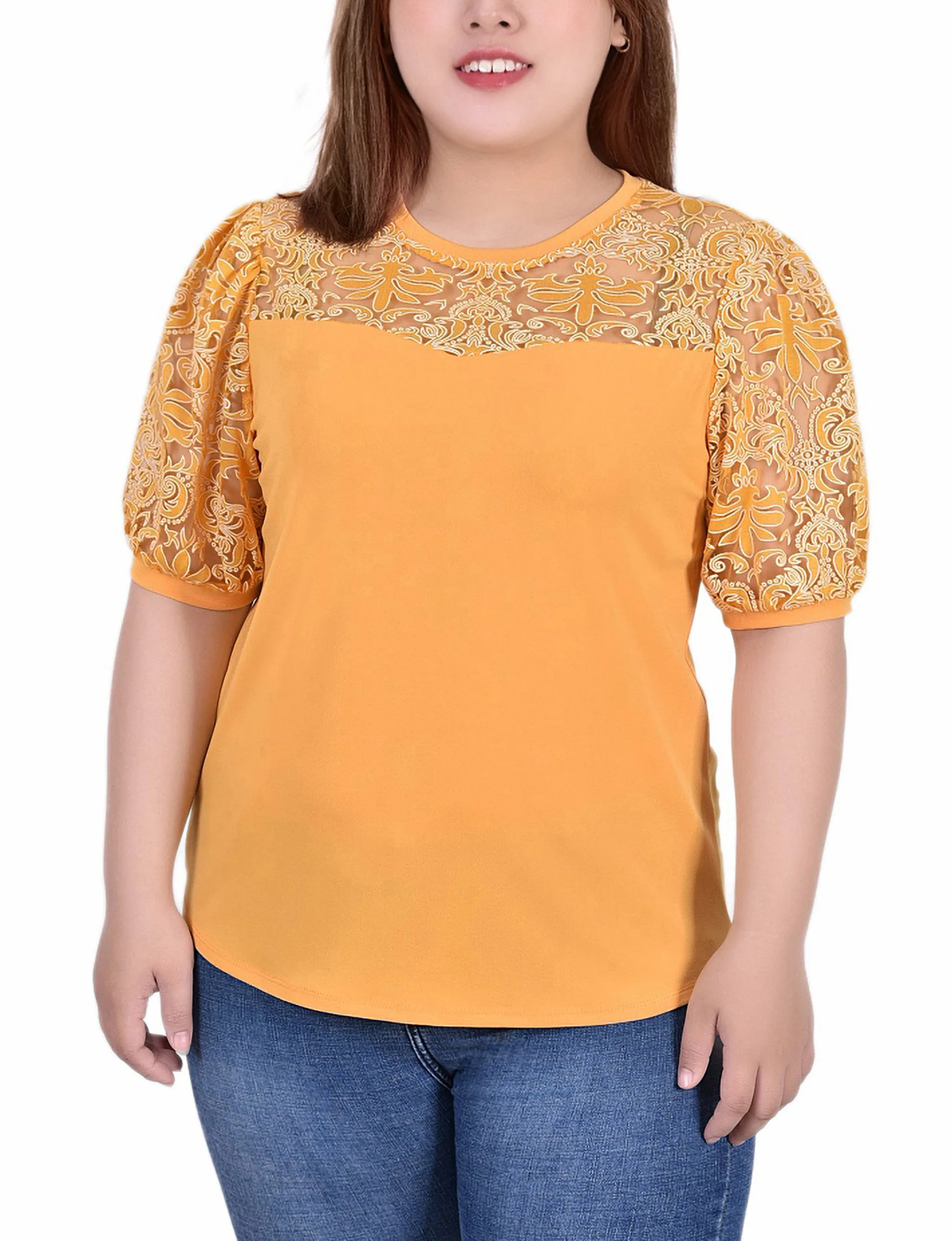 Plus Size Puff Lace-Sleeve Top Garment Dyed Finish Adjustable Hem Cuff