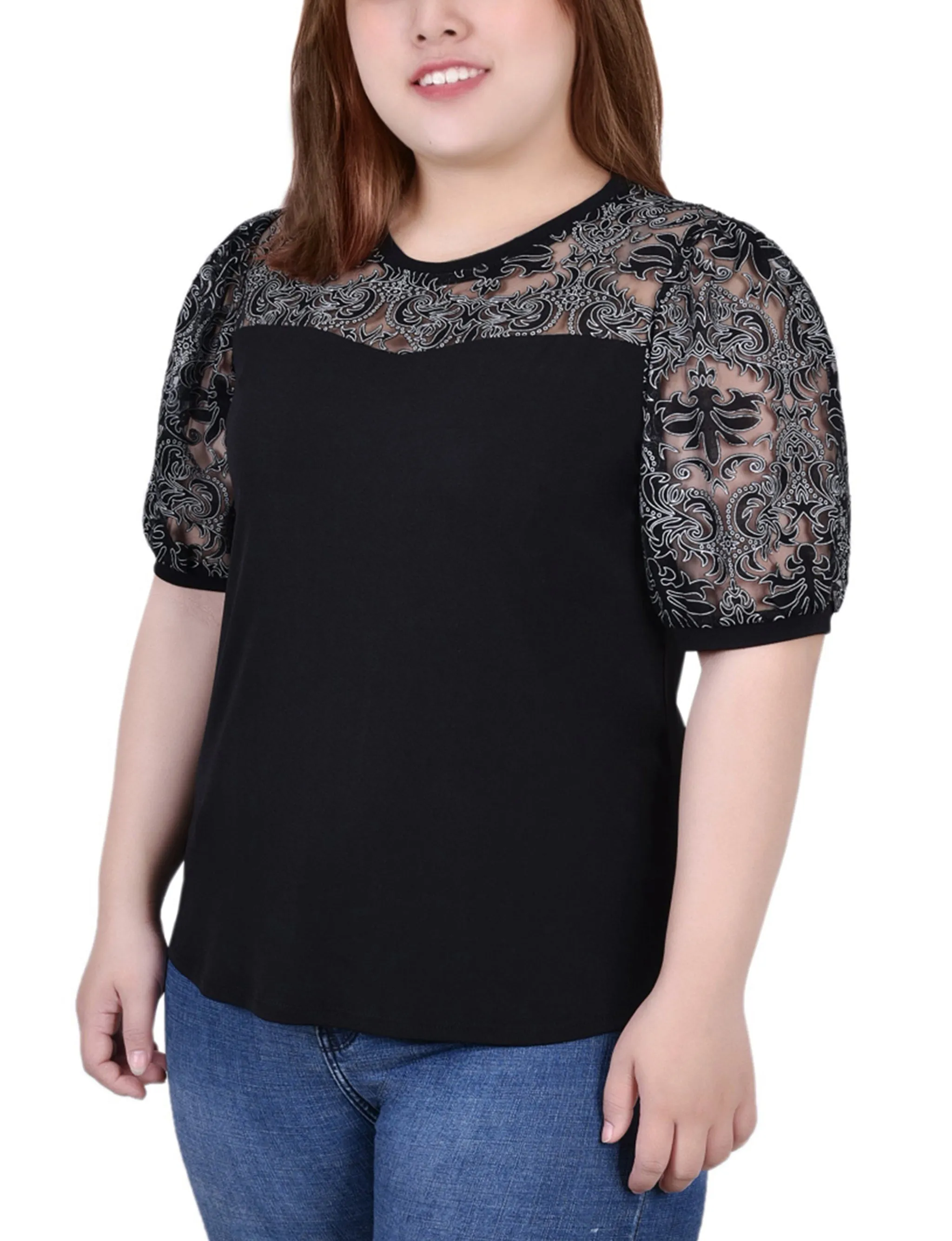 Plus Size Puff Lace-Sleeve Top ElasticTrimming