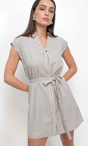 Quick Dry Tech Snider Stripe Shirt Dress in Sand/Black