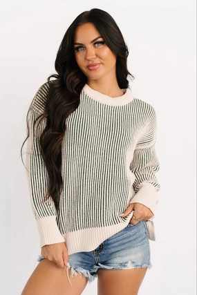 Relaxed Crew Neck Opening Snug Haven Two Tone Zenana Sweater (Dark Green)