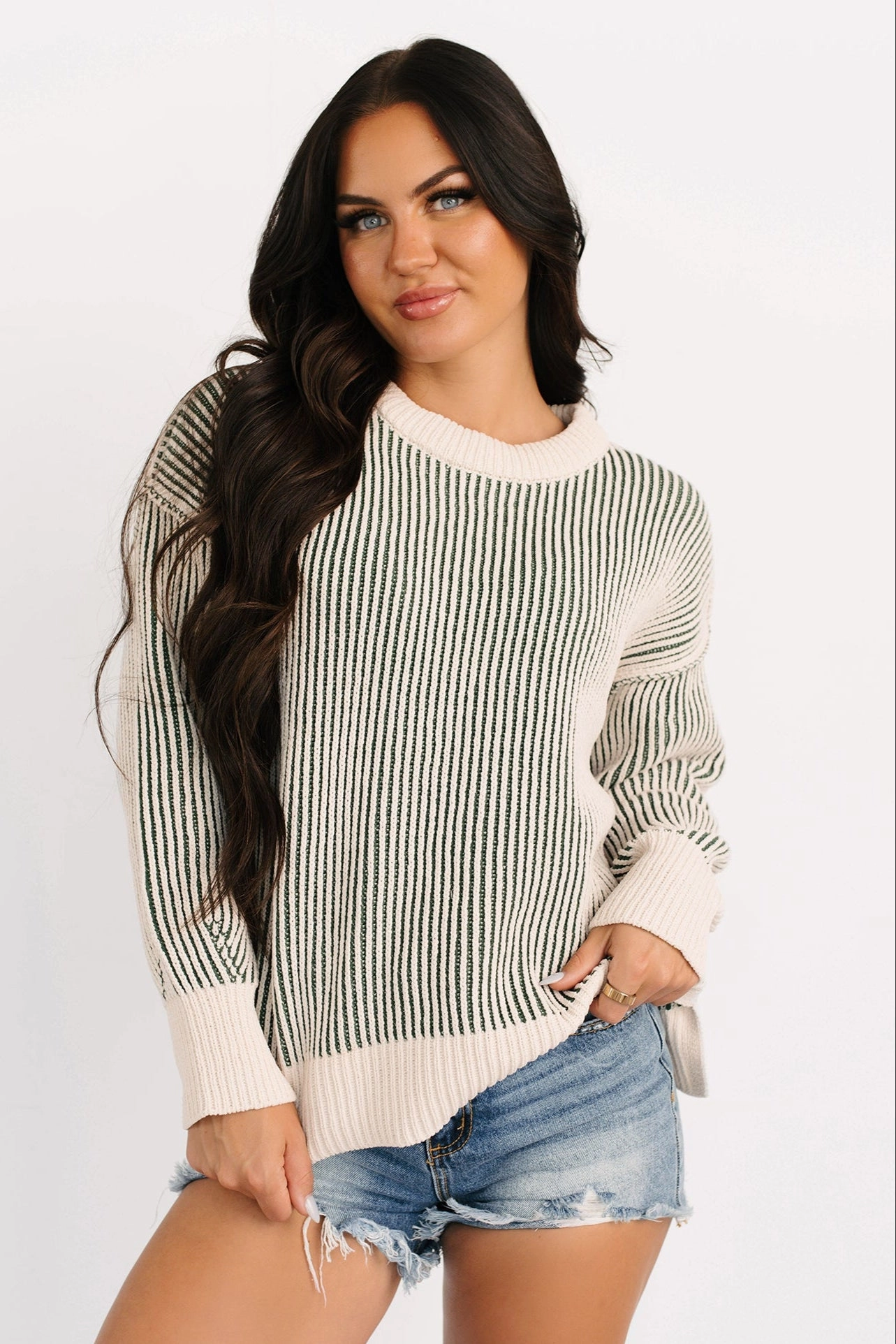 Relaxed Crew Neck Opening Snug Haven Two Tone Zenana Sweater (Dark Green)