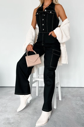 Chic casual Easy Flow Social Call Denim Halter Cargo Jumpsuit (Black)