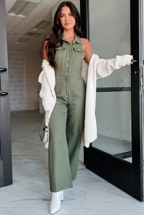 Social Call Denim Halter Cargo Jumpsuit (Olive) Polished Wear Layered Movement