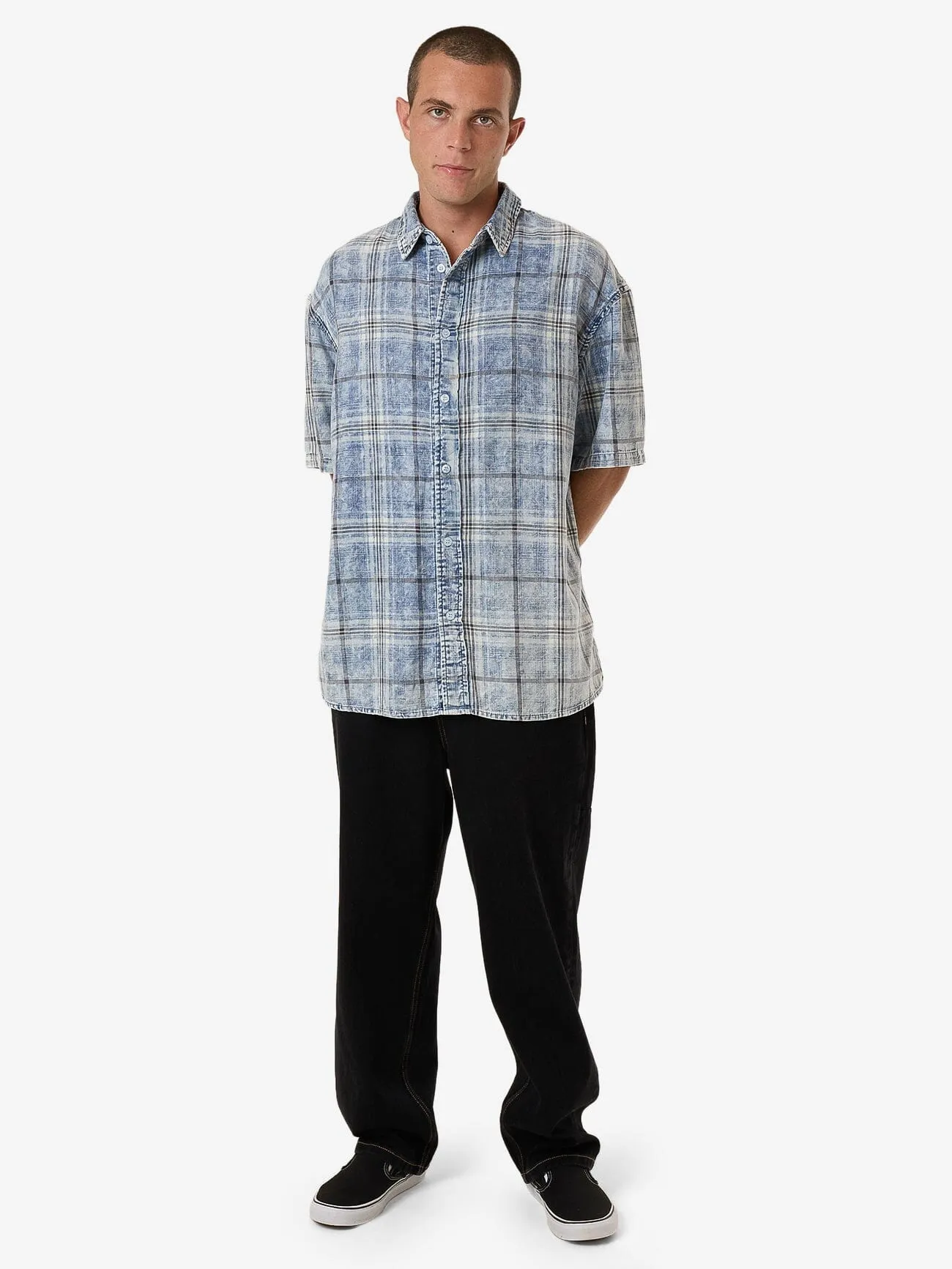 Society Oversize Short Sleeve Check Denim Shirt - Bleach Blue