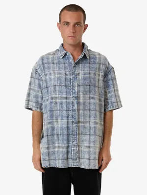 Society Oversize Short Sleeve Check Denim Shirt - Bleach Blue