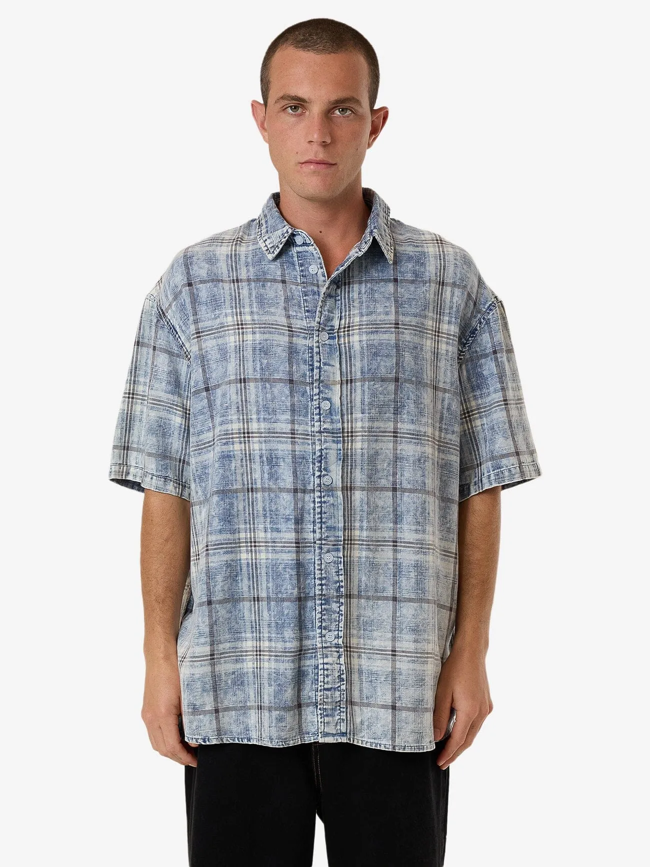 Society Oversize Short Sleeve Check Denim Shirt - Bleach Blue