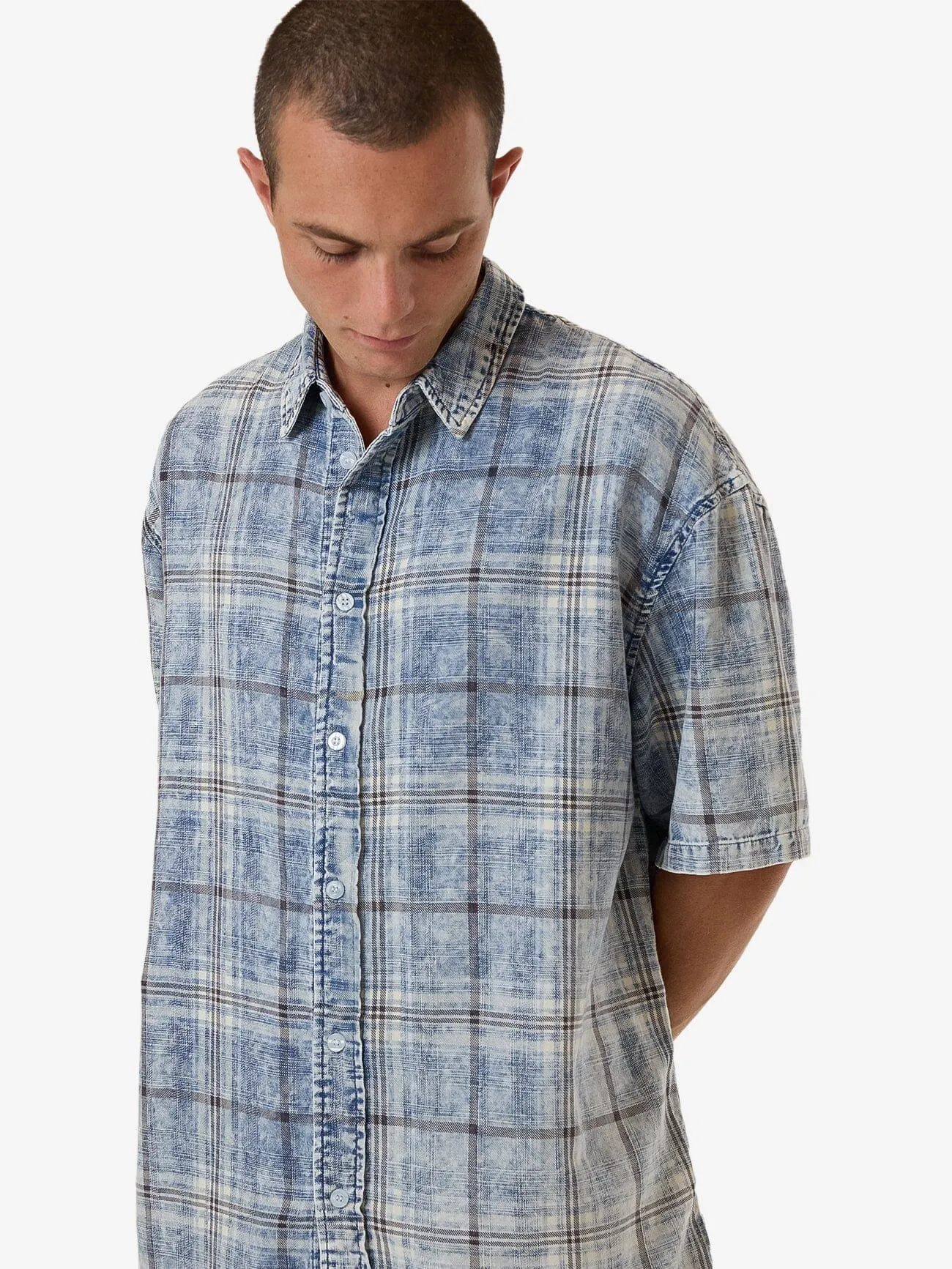 Society Oversize Short Sleeve Check Denim Shirt - Bleach Blue