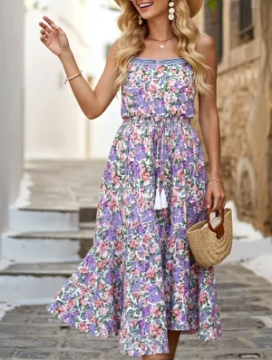 Layered Floral Print Maxi Dress with Drawstring Waist ??Casual Summer Dress Smart Detail