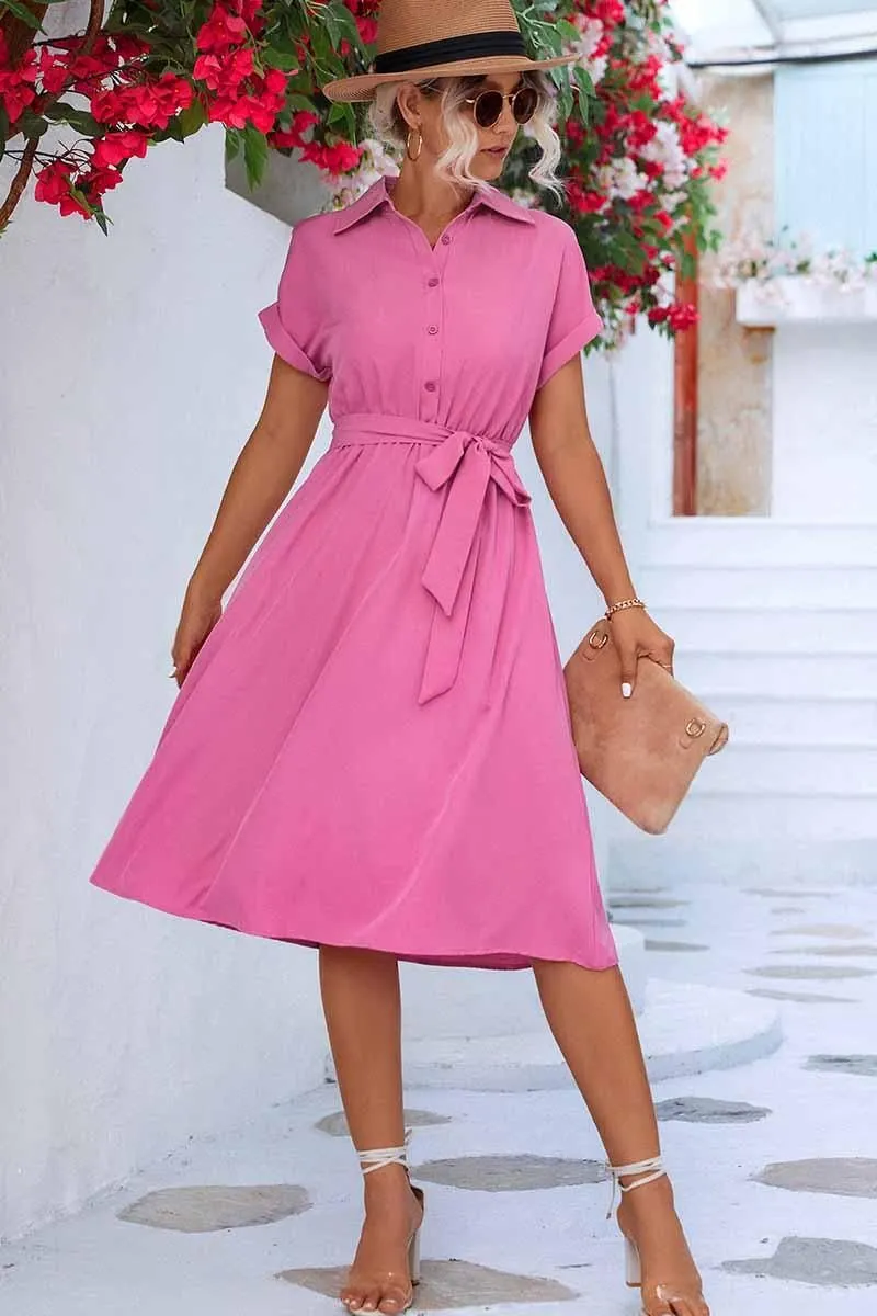 ROLL UP SLEEVE TIED WAIST FLARE SHIRTS DRESS Shimmer-Finish Chic Casual Wear