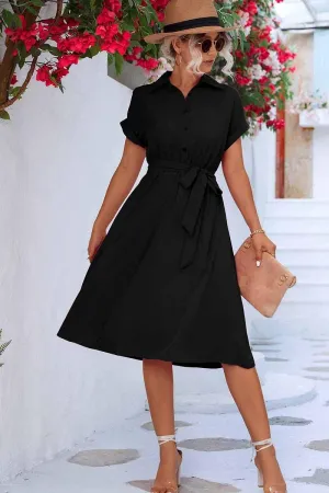 Boxy-Style Smooth Texture ROLL UP SLEEVE TIED WAIST FLARE SHIRTS DRESS