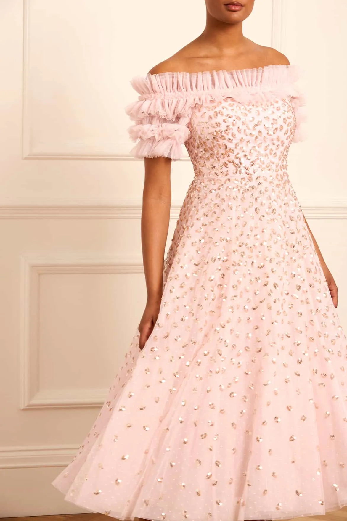 Autumn Leaves Off-Shoulder Ballerina Dress Beadwork Padded-Bust