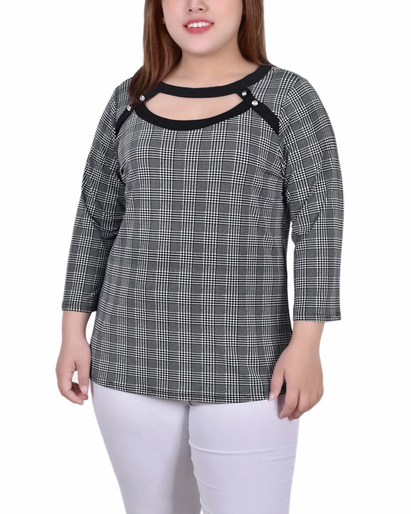 Plus Size 3/4 Sleeve Top With Combo Bands And Front Cutout YarnDyeStripe