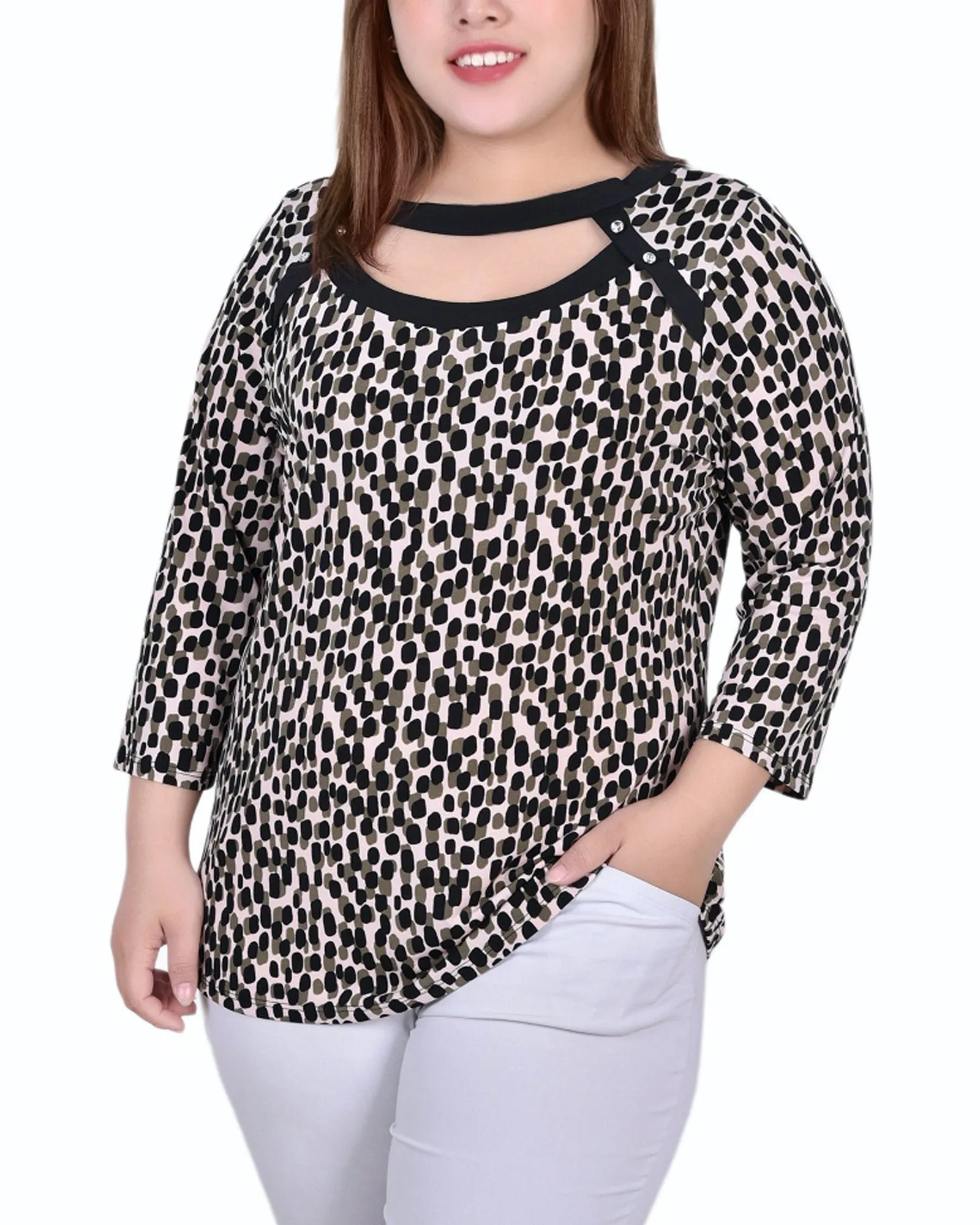 Easycare AntiStatic Weave Plus Size 3/4 Sleeve Top With Combo Bands And Front Cutout