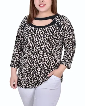 Easycare AntiStatic Weave Plus Size 3/4 Sleeve Top With Combo Bands And Front Cutout