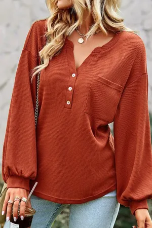 MultiLayer Stitching Quick Dry Fabric WAFFLE KNITTED BUTTON NECK LOOSE FIT TOP