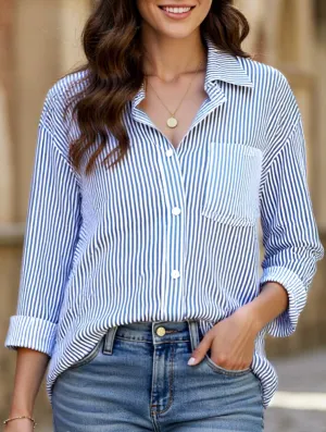 Low Profile Seaming Casual Tee STRIPED BAGGY LAPEL LONG-SLEEVED BUTTON-UP SHIRT