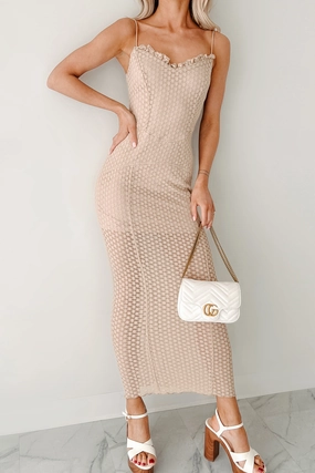 Wide Hemline Living In The Now Lace Bodycon Dress (Taupe)
