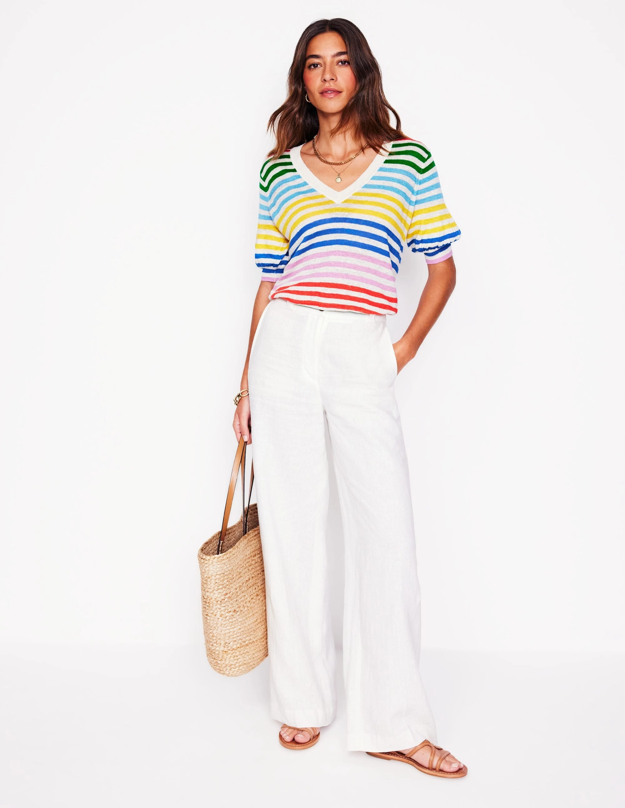 Liv V-Neck Linen T-Shirt-Banded Rainbow Stripe Minimal Comforted Quick Dry Integration