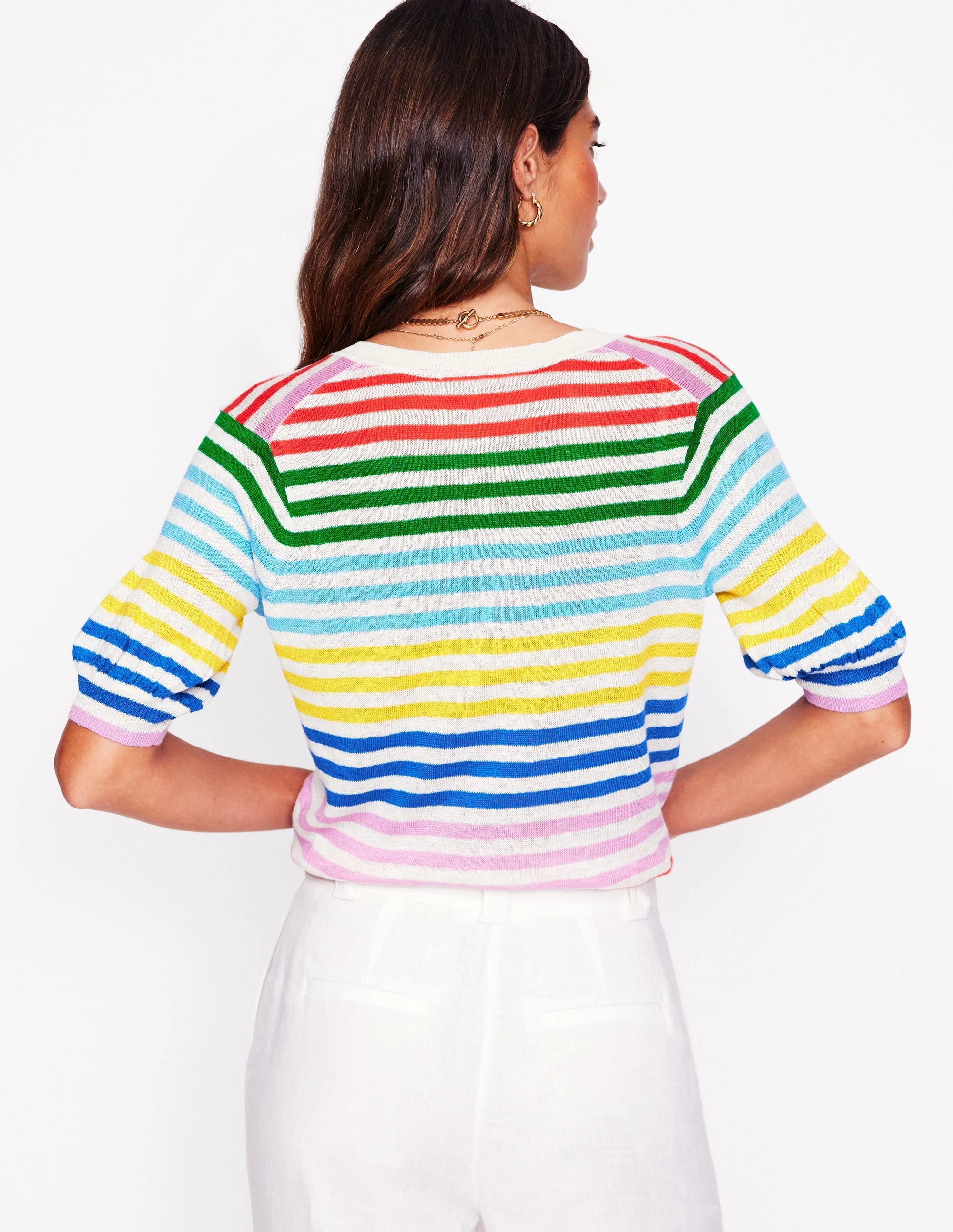 Liv V-Neck Linen T-Shirt-Banded Rainbow Stripe Flatlock stitching