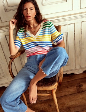 Liv V-Neck Linen T-Shirt-Banded Rainbow Stripe Cold Trend Elastic hemline