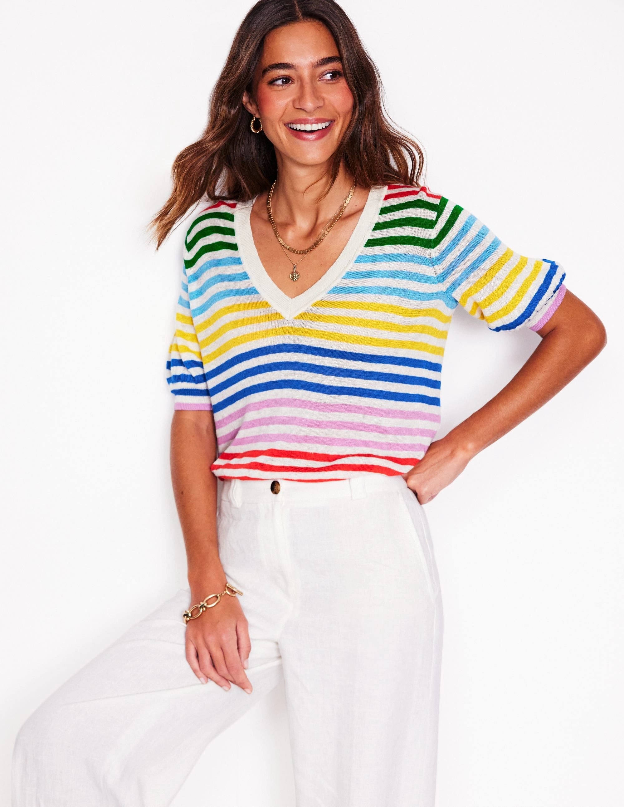 Liv V-Neck Linen T-Shirt-Banded Rainbow Stripe quick dry
