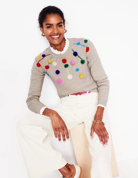 Pom Pom Jumper-Oatmeal, Multi Poms SheerWeight Knit Plush Texture