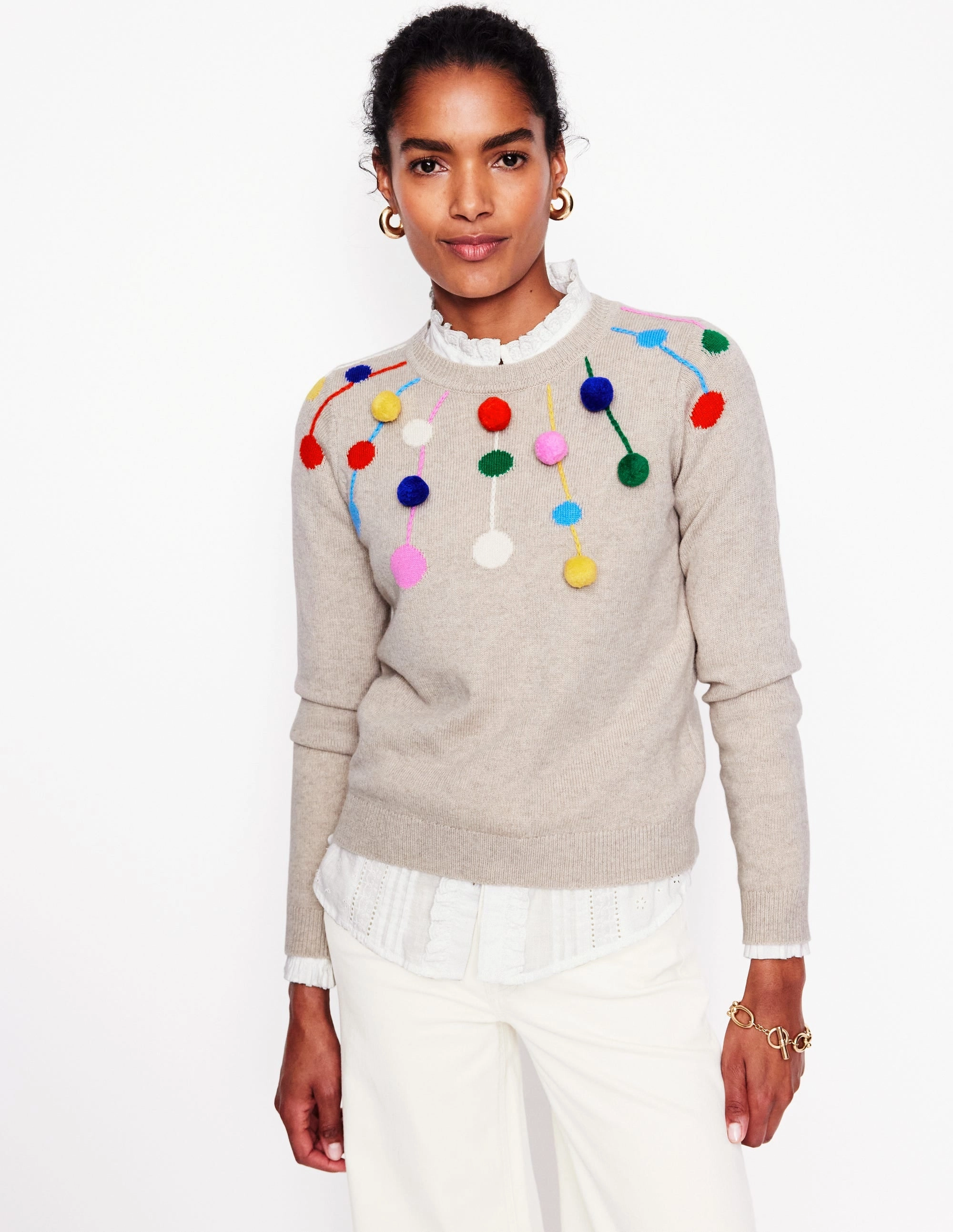 Pom Pom Jumper-Oatmeal, Multi Poms Durable Blends Odor Control Technology