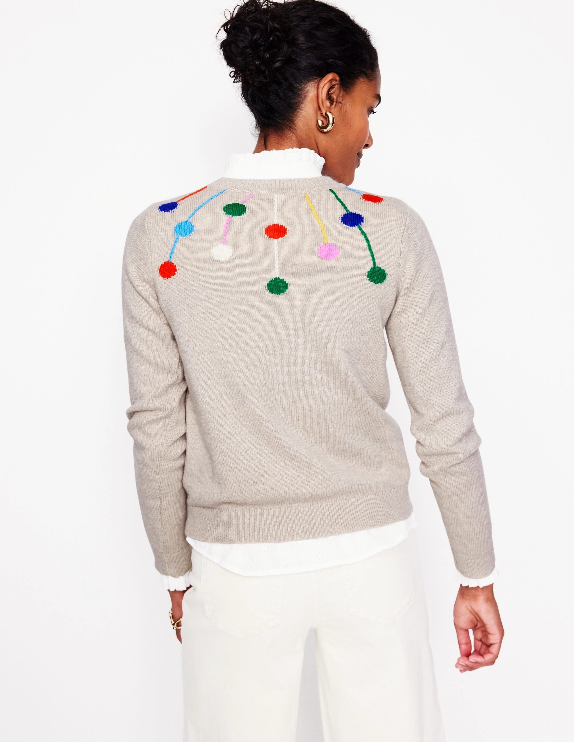 Pom Pom Jumper-Oatmeal, Multi Poms Breathable Mesh Panels