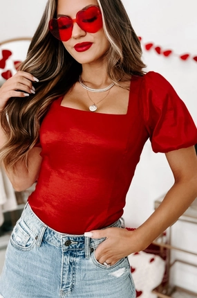 PreShrunkFabric HiddenPocket Spreading Cheer Puff Sleeve Bodysuit (Red)