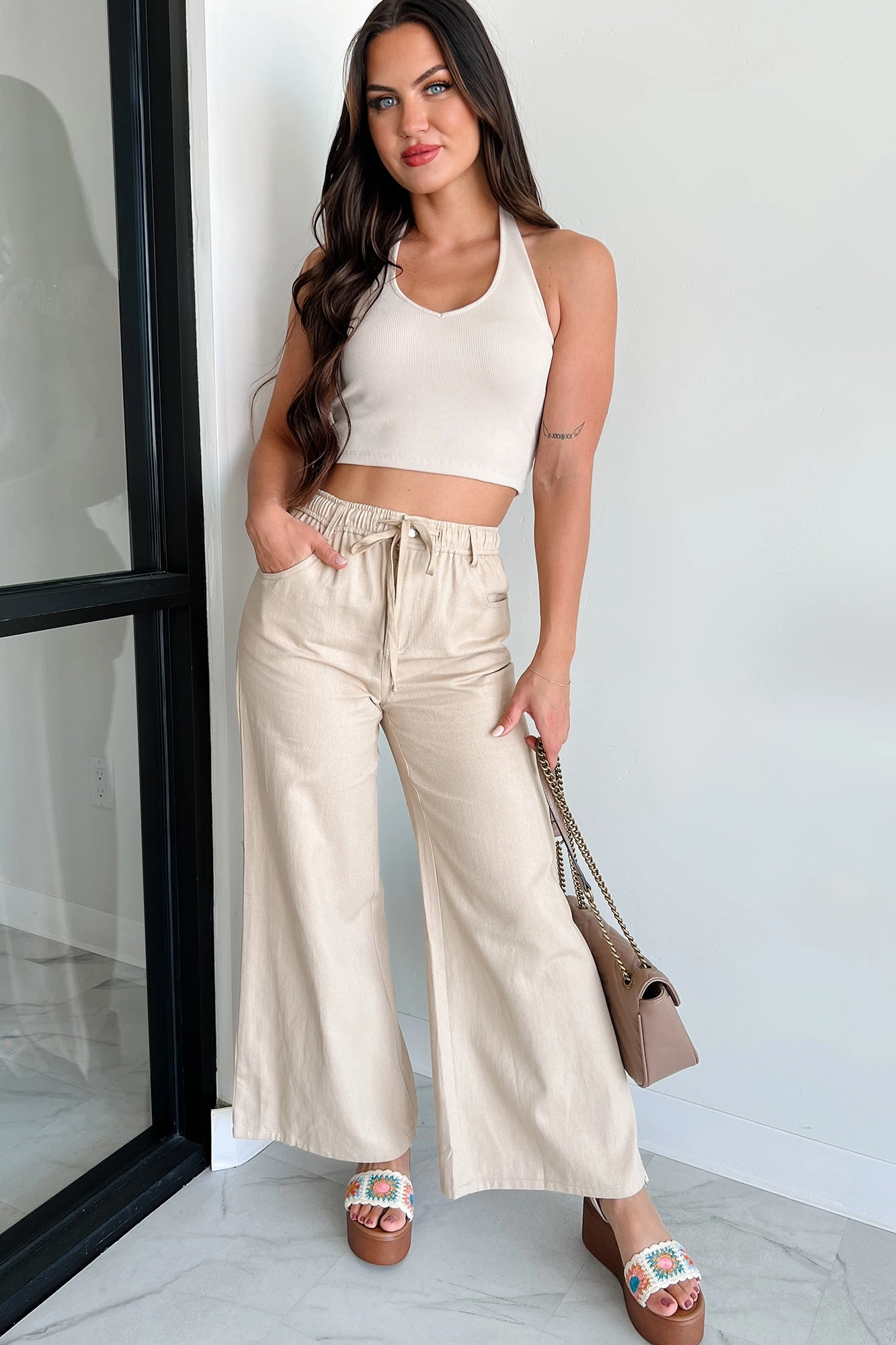 Sunny In San Fran Wide Leg Denim Pants (Beige) Friction Resistant Edges