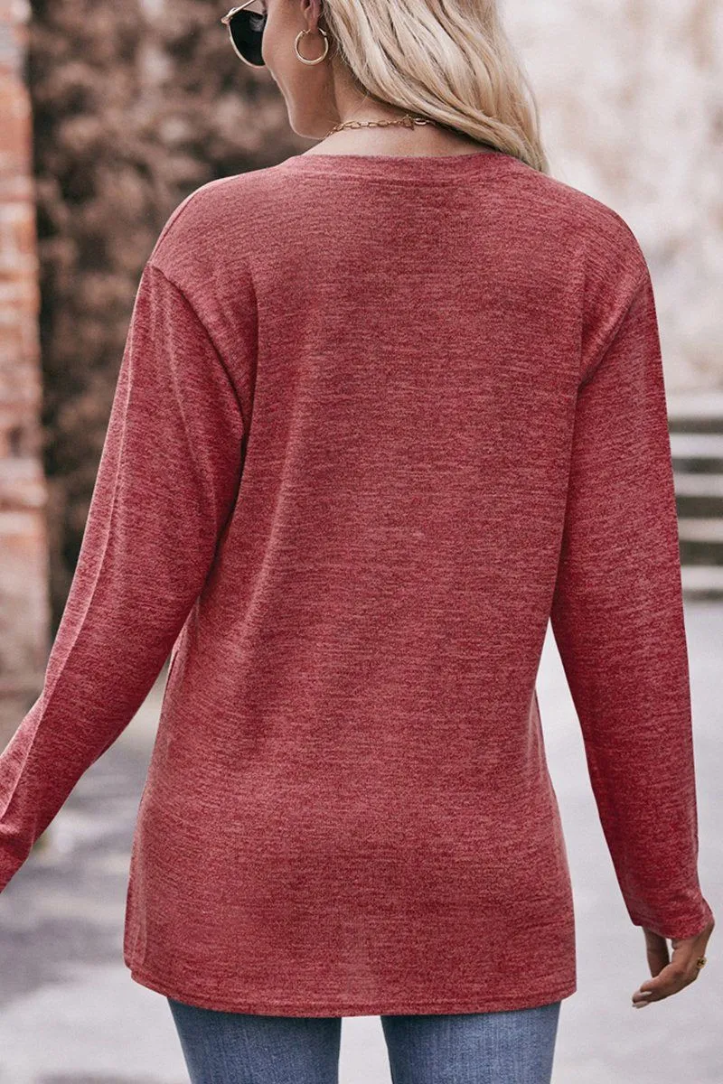 DurableReinforcement WOMEN BRUSHED BUTTONED V NECK LOOSE FIT TOP