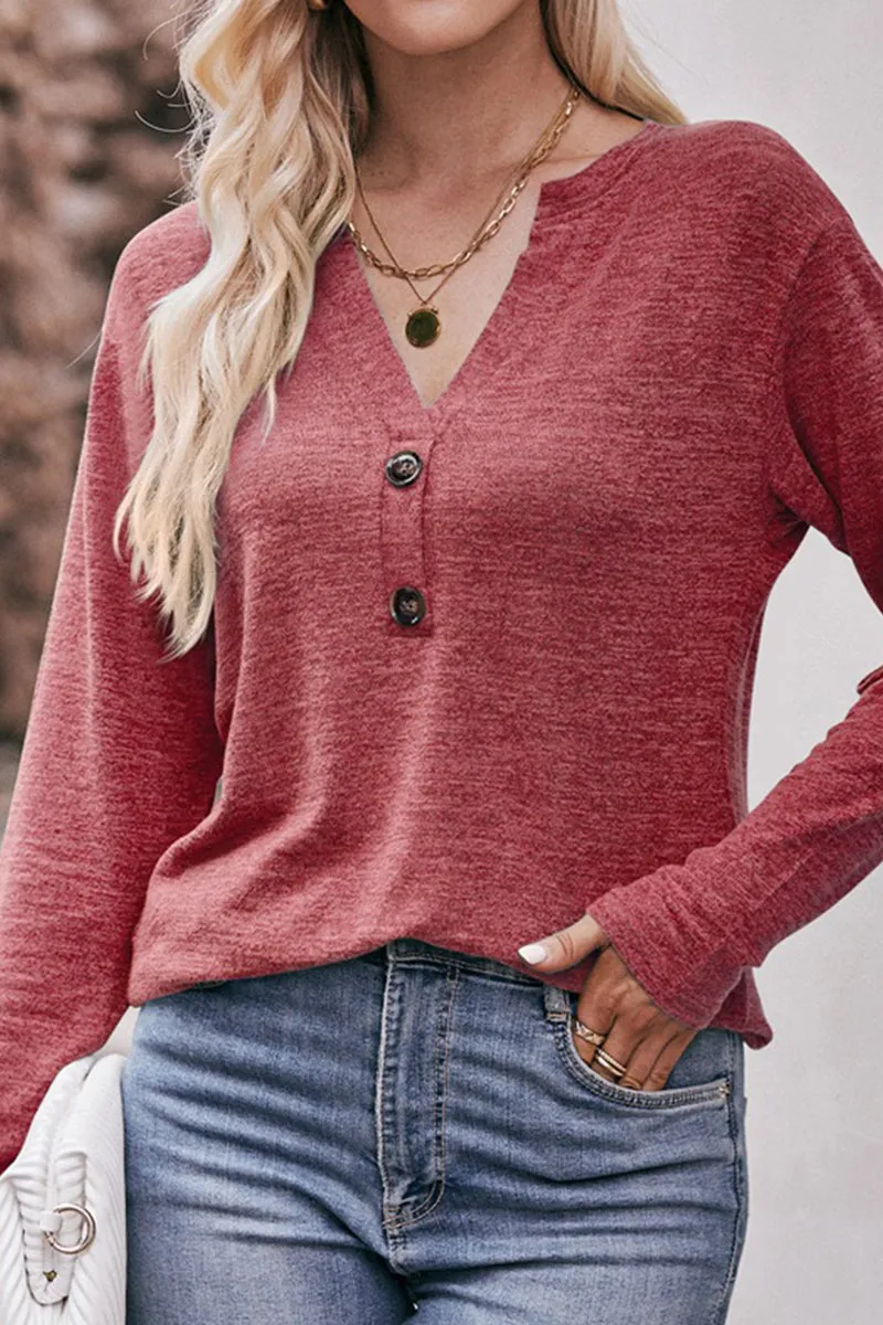 Drop Shoulder Cut WOMEN BRUSHED BUTTONED V NECK LOOSE FIT TOP