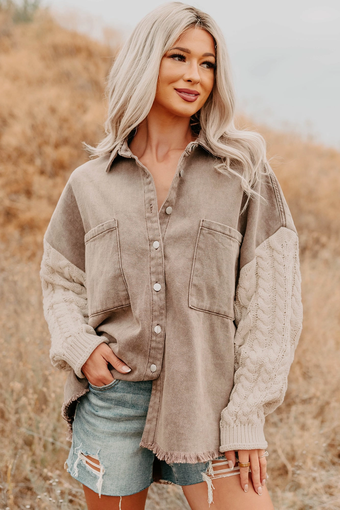Softly Styled Knit Sleeve Denim POL Jacket (Chocolate/Almond) Low Profile