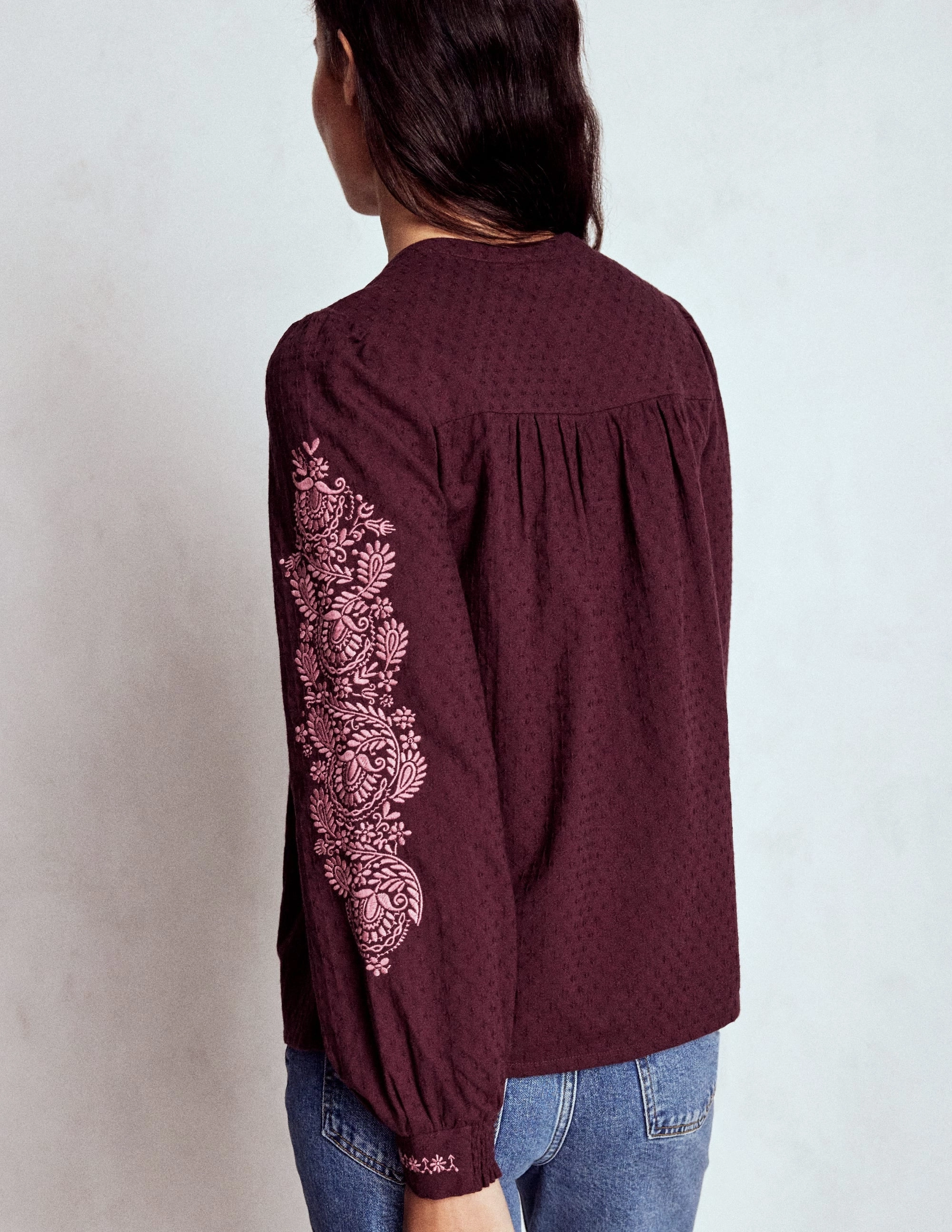 Non Restrictive Fit DoubleStitched Construction Embroidered Cotton Top-Dark Cherry