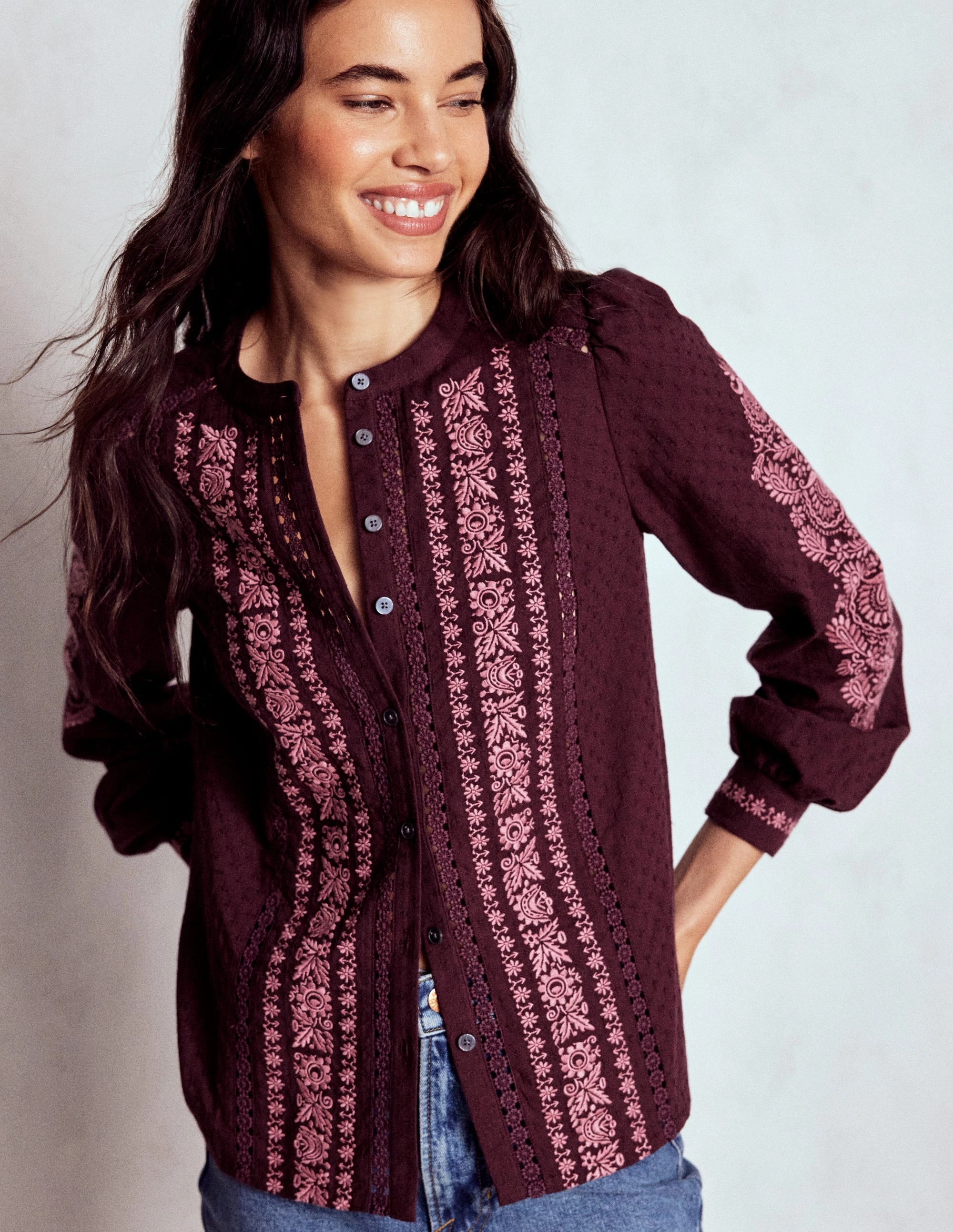 Embroidered Cotton Top-Dark Cherry SleevelessOption
